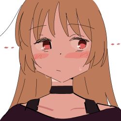 Rule 34 | 1girl, bad id, bad twitter id, black choker, blonde hair, blush, bocchi the rock!, choker, commentary request, highres, ijichi seika, inactive account, kerorira, long hair, looking to the side, red eyes, solo, sweat, upper body, white background