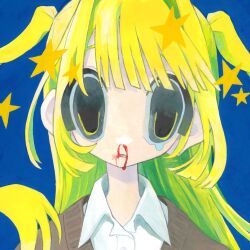 Rule 34 | 1girl, blonde hair, blood, blue background, brown cardigan, cardigan, collared shirt, cropped, floating hair, hair intakes, long hair, looking at viewer, momose kikuka, nosebleed, original, painting (medium), parted lips, portrait, seeing stars, shirt, simple background, single tear, solo, star (symbol), straight-on, traditional media, two side up, white shirt