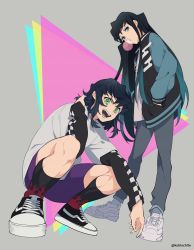 Rule 34 | 2boys, :d, aqua eyes, aqua hair, black footwear, black hair, black socks, blouse, blowing bubbles, casual, checkered clothes, chewing gum, contemporary, dalc rose, dutch angle, egasumi, flame print, full body, green eyes, grey background, grey pants, hand in pocket, hand up, hashibira inosuke, highres, jacket, kimetsu no yaiba, kneehighs, layered sleeves, leaning forward, long hair, long sleeves, looking at viewer, looking down, male focus, mouth hold, multicolored hair, multiple boys, open clothes, open jacket, open mouth, pants, print legwear, print socks, purple shorts, shirt, shoes, short hair, short over long sleeves, short sleeves, shorts, sidelocks, sideways glance, smile, sneakers, socks, squatting, standing, streaked hair, t-shirt, tokitou muichirou, triangle, twitter username, very long hair, white footwear, white shirt