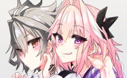 Rule 34 | 2boys, ahoge, astolfo (fate), astolfo (memories at trifas) (fate), black bow, black vest, blush, bow, braid, closed mouth, command spell, eyelashes, fang, fate/apocrypha, fate (series), grey background, grey hair, hair between eyes, hair bow, hair intakes, hand on own chin, hand up, haoro, long hair, male focus, multicolored hair, multiple boys, nail polish, orange eyes, parted lips, pink hair, portrait, purple eyes, purple nails, red eyes, shirt, short hair, sidelocks, sieg (fate), signature, single braid, single hair ring, skin fang, smile, streaked hair, striped clothes, striped nails, striped shirt, trap, two-tone hair, vest, wavy mouth, white hair, white shirt
