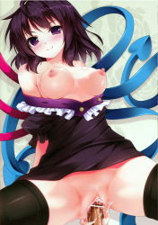 Rule 34 | 1boy, 1girl, alternate eye color, asymmetrical wings, bar censor, black dress, black hair, black thighhighs, blush, breasts, breasts out, censored, clothes pull, cowgirl position, cum, cum in pussy, dress, dress pull, fang, girl on top, guided penetration, hetero, highres, houjuu nue, looking at viewer, medium breasts, nipples, nironiro, off shoulder, out of frame, penis, pov, puffy sleeves, purple eyes, pussy, scan, scan artifacts, sex, short dress, short hair, short sleeves, smile, solo focus, spread legs, straddling, thighhighs, touhou, vaginal, wings
