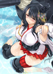 Rule 34 | 10s, 1boy, 1girl, admiral (kancolle), anti-aircraft, anti-aircraft gun, bare shoulders, black hair, blush, breasts, cannon, detached sleeves, fusou (kancolle), gloves, hair ornament, japanese clothes, kantai collection, large breasts, legs, long hair, military, military uniform, miniskirt, naval uniform, nontraditional miko, personification, pleated skirt, red eyes, sitting, skirt, smile, sumeragi hamao, tears, thighs, turret, uniform, water