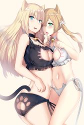 Rule 34 | 10s, 2girls, animal ears, ass, ass cutout, bell, bismarck (kancolle), black bra, black legwear, black panties, blonde hair, blue eyes, blush, bra, breasts, butt crack, cat cutout, cat ears, cat lingerie, cat tail, choker, cleavage, cleavage cutout, clothing cutout, green eyes, hews, jingle bell, kantai collection, kemonomimi mode, large breasts, long hair, looking at viewer, matching outfits, medium breasts, meme attire, multiple girls, navel, neck bell, open mouth, panties, paw pose, paw print, prinz eugen (kancolle), saliva, saliva trail, side-tie panties, simple background, tail, tongue, tongue out, twintails, underwear, underwear only, white bra, white panties, yellow background, yuri