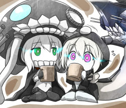 Rule 34 | 10s, 2girls, abyssal ship, bodysuit, bright pupils, cape, cup, drinking, flying sweatdrops, gloves, glowing, glowing eyes, green eyes, hat, hood, jacket, kantai collection, long hair, long sleeves, mug, multiple girls, pale skin, personification, purple eyes, re-class battleship, short hair, silver hair, sitting, tail, teacup, turret, wariza, watarui, wo-class aircraft carrier
