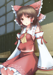 Rule 34 | 1girl, absurdres, ascot, bow, brown eyes, brown hair, commentary request, detached sleeves, frilled bow, frilled hair tubes, frills, hair bow, hair tubes, hakurei reimu, highres, long hair, looking at viewer, messiah &amp; crea, open mouth, red bow, red skirt, ribbon-trimmed sleeves, ribbon trim, sitting, skirt, skirt set, sliding doors, solo, touhou, yellow ascot