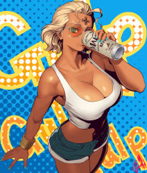 Rule 34 | 1girl, alcohol, aviator sunglasses, bare shoulders, beer can, blonde hair, blue background, blue nails, blue shorts, bracelet, breasts, can, cleavage, crop top, denim, denim shorts, drink can, drinking, facial mark, forehead mark, from above, highres, jewelry, large breasts, midriff, nail polish, ogami, orange-tinted eyewear, original, patterned background, short hair, short shorts, shorts, standing, sunglasses, tan, tank top, tinted eyewear, white tank top