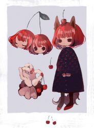 Rule 34 | 1girl, animal ears, black pantyhose, blue dress, bob cut, brown eyes, cherry, cherry stem, closed eyes, collared dress, commentary, disembodied head, disembodied hand, dress, expressionless, food, food on head, food print, fox ears, fox girl, fox tail, frilled shirt, frills, fruit, full body, grey background, leaf, li04r, looking to the side, medium hair, multiple views, nail polish, object on head, original, own hands together, pantyhose, polka dot, print dress, red footwear, red hair, red nails, shirt, shoes, simple background, standing, surreal, symbol-only commentary, tail