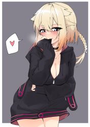 Rule 34 | absurdres, blush, braid, braided ponytail, breasts, cevio, choker, cleavage, covering own mouth, hair between eyes, hand on own cheek, hand on own face, heart, highres, hood, hoodie, looking at viewer, medium breasts, one (cevio), spoken heart, sweat, tagme, zooanime