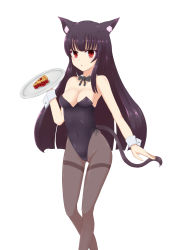 Rule 34 | 1girl, animal ears, black bow, black bowtie, black hair, black leotard, black pantyhose, bow, bowtie, cat ears, cat tail, detached collar, food, gluteal fold, habu rin, highres, kittysuit, leotard, looking at viewer, nontraditional playboy bunny, original, pantyhose, pie, red eyes, simple background, solo, strapless, strapless leotard, tail, thighband pantyhose, tray, white background, wrist cuffs