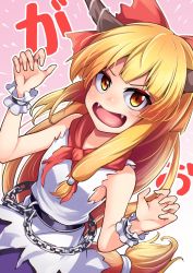 Rule 34 | 1girl, ashiroku (miracle hinacle), blonde hair, bow, chain, claw pose, commentary request, fangs, hair bow, highres, horns, ibuki suika, long hair, looking at viewer, oni, open mouth, orange eyes, pink background, red neckwear, shirt, sleeveless, solo, torn clothes, torn shirt, touhou, translation request, white shirt