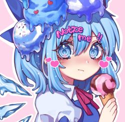 Rule 34 | 1girl, blue eyes, blue hair, blush, cirno, english text, food, hair ornament, heart, holding, holding food, ice, ice cream, ice cream cone, ice wings, kyouda suzuka, looking at viewer, melting, neck ribbon, object on head, outline, pink background, portrait, ribbon, solo, sprinkles, touhou, white outline, wings