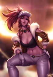 Rule 34 | 1girl, absurdres, akali, arm on knee, baseball cap, black shirt, breasts, brown eyes, brown hair, brown jacket, cleavage, commentary, crop top, english commentary, gloves, hair through headwear, hat, highres, jacket, k/da (league of legends), k/da akali, large breasts, league of legends, leaning forward, looking at viewer, midriff, navel, open clothes, open jacket, pants, parted lips, personal ami, ponytail, shirt, signature, thick lips, thumb in beltline, white gloves, white hat, white pants