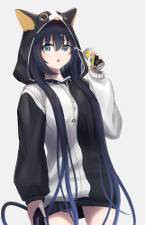 Rule 34 | 1girl, absurdres, animal hood, arknights, black hair, black hoodie, blaze (arknights), blue eyes, can, cat hood, cowboy shot, drinking straw, fang, hair between eyes, hand up, highres, hiraya shiba, holding, holding can, hood, hood up, hoodie, long hair, long sleeves, looking at viewer, official alternate costume, open mouth, simple background, solo, two-tone hoodie, very long hair, white background, white hoodie
