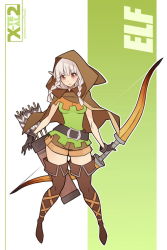 Rule 34 | 1girl, arrow (projectile), artist name, belt, boots, bow (weapon), braid, brown eyes, brown footwear, character name, cloak, dragon&#039;s crown, elf, elf (dragon&#039;s crown), full body, hood, looking at viewer, pointy ears, quiver, short shorts, shorts, silver hair, solo, thigh boots, thighhighs, twin braids, vanillaware, watermark, weapon, web address, x-t3al, zettai ryouiki