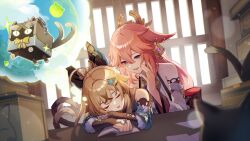 Rule 34 | 2girls, absurdres, animal ears, bare shoulders, blonde hair, cat ears, cat tail, closed eyes, commentary, detached sleeves, fox ears, genshin impact, highres, indoors, kino (m6t2a), kirara (genshin impact), long hair, long sleeves, multiple girls, multiple tails, pink hair, purple eyes, second-party source, tail, two tails, yae miko