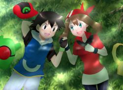 Rule 34 | 1boy, 1girl, absurdres, arm behind head, ash ketchum, backpack, bag, bandana, baseball cap, black eyes, black gloves, black hair, blue eyes, blue shirt, blush, brown hair, creatures (company), day, eye contact, feet out of frame, game freak, gloves, hat, unworn headwear, highres, holding hands, hood, looking at another, lying, may (pokemon), nintendo, on back, on grass, open mouth, outdoors, partially fingerless gloves, pokemon, pokemon (anime), pokemon rse (anime), popped collar, red bandana, red headwear, red shirt, shadow, shirt, short hair, short sleeves, teeth, upper teeth only, white gloves