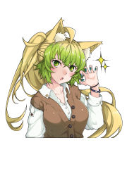 Rule 34 | 1girl, absurdres, ahoge, animal ear fluff, animal ears, atalanta (fate), blonde hair, blue nails, blush, braid, brown cardigan, cardigan, cardigan vest, casual, cat ears, claw pose, collarbone, collared shirt, commentary request, cropped torso, dress shirt, fang, fate/apocrypha, fate (series), fingernails, green eyes, green hair, hair between eyes, head tilt, highres, kirishina (raindrop-050928), long hair, long sleeves, multicolored hair, nail art, nail polish, parted lips, ponytail, shirt, slit pupils, solo, sparkle, two-tone hair, upper body, very long hair, white shirt