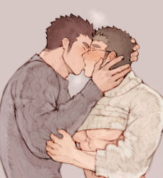 Rule 34 | 2boys, abs, alternate costume, bad id, bad pixiv id, bara, bare pectorals, black hair, blush, breath, brown hair, chataro1412, closed mouth, clothes grab, clothes lift, couple, from side, glasses, grey sweater, hand on another&#039;s head, kiss, large pectorals, male focus, protagonist 3 (housamo), multiple boys, muscular, muscular male, nipples, pectorals, rimless eyewear, motoori shiro, shirt lift, short hair, sweat, sweatdrop, sweater, thick eyebrows, tokyo houkago summoners, upper body, white sweater, yaoi