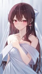 Rule 34 | 1girl, bare shoulders, blush, breasts, bridal veil, bride, brown hair, cleavage, collarbone, curtains, dress, earrings, hair over shoulder, highres, huhi (huhi 1211), jewelry, looking at viewer, medium breasts, open mouth, original, red eyes, smile, solo, standing, teeth, veil, virtual youtuber, wedding dress, white background, white dress, white veil