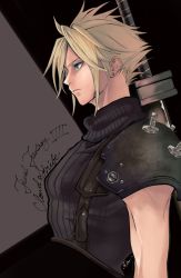 Rule 34 | 1boy, armor, belt, black background, blonde hair, blue eyes, blue shirt, buster sword, character name, cloud strife, crow illust, earrings, final fantasy, final fantasy vii, final fantasy vii remake, grey background, highres, jewelry, looking to the side, male focus, muscular, muscular male, shirt, short hair, shoulder armor, signature, single earring, sleeveless, sleeveless turtleneck, solo, spiked hair, suspenders, turtleneck, two-tone background, upper body, weapon, weapon on back