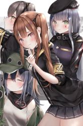 Rule 34 | 404 (girls&#039; frontline), 4girls, :3, absurdres, armband, bad id, bad pixiv id, bandana, beret, black jacket, black skirt, blunt bangs, blush, brown hair, buttons, closed eyes, commentary, cross hair ornament, finger to mouth, g11 (girls&#039; frontline), german flag, girls&#039; frontline, green eyes, grey hair, hair between eyes, hair ornament, hat, heart, heart-shaped pupils, highres, hk416 (girls&#039; frontline), huge filesize, jacket, long hair, looking at viewer, mo (mainiti omoti), multiple girls, off shoulder, one side up, pink eyes, pleated skirt, scar, scar across eye, scar on face, sidelocks, skirt, straight hair, symbol-shaped pupils, tank top, twintails, ump45 (girls&#039; frontline), ump9 (girls&#039; frontline), yellow eyes