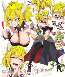 Rule 34 | 1boy, 1girl, black thighhighs, blonde hair, borrowed design, bowser jr., bowsette, bowsette jr., breasts, breath weapon, breathing fire, character sheet, cleavage, clenched hand, collar, commentary request, crying, crying with eyes open, eyebrows, fire, forked eyebrows, full body, gradient hair, green eyes, highres, horns, large breasts, mario (series), mother and daughter, multicolored hair, new super mario bros. u deluxe, nintendo, own hands together, pointing, pointy ears, ponytail, sharp teeth, shell, sneer, spiked collar, spikes, super crown, super mario sunshine, tears, teeth, thighhighs, tongue, tongue out, torichamaru, twitter username, white background