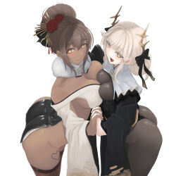 Rule 34 | 2girls, absurdres, alternate costume, artist request, ass, bare shoulders, blanc (nikke), blanc (white rabbit) (nikke), bodystocking, breast press, breasts, brown eyes, brown hair, dark skin, flower, goddess of victory: nikke, hair bun, hair flower, hair ornament, highres, japanese clothes, kimono, large breasts, long hair, looking at viewer, multiple girls, noir (black rabbit) (nikke), noir (nikke), siblings, sisters, smile, thong, twins, white hair