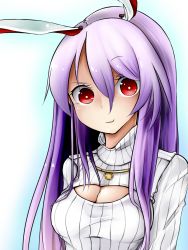 Rule 34 | 1girl, animal ears, breasts, cleavage, cleavage cutout, clothing cutout, extra ears, highres, kaisenpurin, light purple hair, long hair, looking at viewer, medium breasts, meme attire, open-chest sweater, rabbit ears, red eyes, reisen udongein inaba, simple background, smile, solo, sweater, touhou, very long hair, white background