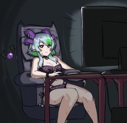 Rule 34 | 1girl, bikini, blank stare, breasts, bsapricot, apricot the lich, chair, choker, cleavage, commentary, english commentary, feet out of frame, green eyes, green hair, horns, hot, imagine (meme), meme, monitor, multiple horns, navel, office chair, pointy ears, screen light, sitting, slouching, solo, strapless, sweat, swimsuit, swivel chair, tube top, virtual youtuber, vshojo