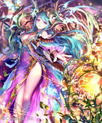 Rule 34 | 1girl, blue hair, bracelet, breasts, cleavage, dress, floating hair, holding, holding staff, irua, jewelry, long hair, looking at viewer, medium breasts, outstretched arm, parted lips, pink eyes, purple dress, see-through, shingeki no bahamut, smile, solo, staff, standing, very long hair
