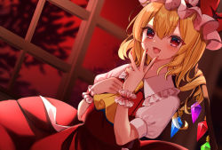 Rule 34 | 1girl, ascot, blonde hair, blush, bow, collared shirt, commentary request, crystal, fang, fingernails, flandre scarlet, frills, hair between eyes, hand on own chest, hands up, hat, hat bow, highres, indoors, jewelry, leaf, looking at viewer, medium hair, mob cap, nail polish, one side up, open mouth, puffy short sleeves, puffy sleeves, red bow, red eyes, red nails, red skirt, red sky, red vest, shirt, short sleeves, skirt, skirt set, sky, smile, solo, tongue, touhou, tree, vest, window, wings, wrist cuffs, yellow ascot, yuineko