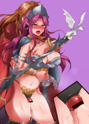 Rule 34 | 1boy, 1girl, alternate costume, angela (seiken densetsu 3), armor, artist request, between legs, bikini armor, black choker, black gloves, blush, boots, bracelet, breasts, brown hair, cape, censored, choker, cleavage, crimson wizard (seiken densetsu 3), cum, cum on body, cum on lower body, earrings, fur-trimmed gloves, fur trim, gloves, grabbing, grabbing another&#039;s breast, green eyes, hair intakes, headgear, hetero, highres, holding, holding staff, jewelry, large breasts, long hair, looking at viewer, magus (seiken densetsu 3), navel, necklace, official alternate costume, open mouth, parted bangs, penis, pink background, pointless censoring, pointy ears, purple hair, red cape, revealing clothes, seiken densetsu, seiken densetsu 3, sex, sidelocks, solo focus, square enix, staff, standing, swept bangs, teeth, thigh sex, thighs, thong, tongue, tongue out, upper teeth only, very long hair