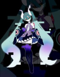 Rule 34 | 1girl, aqua hair, bare shoulders, black sleeves, black thighhighs, closed mouth, commentary request, creatures (company), detached arm, detached legs, detached sleeves, expressionless, full body, game freak, ghost miku (project voltage), glitch, gradient hair, grey shirt, hair between eyes, hatsune miku, highres, long hair, looking at viewer, multicolored hair, necktie, nintendo, pale skin, pokemon, print sleeves, project voltage, see-through, see-through skirt, shirt, skirt, sleeves past fingers, sleeves past wrists, solo, thighhighs, twintails, very long hair, vocaloid, wara wa03, white hair, white necktie, will-o&#039;-the-wisp (mythology), yellow eyes, zoom layer