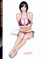 Rule 34 | 1girl, action pizazz, artbook, bare shoulders, bikini, bikini top only, black hair, breast hold, breasts, brown eyes, character name, cleavage, feet, full body, halterneck, highres, hip focus, holding, holding paper, izayoi seishin, jewelry, large breasts, legs, lips, looking at viewer, mature female, navel, necklace, newscaster christina, original, paper, purple bikini, sandals, short hair, simple background, sitting, solo, swimsuit, thighs, toes, white background