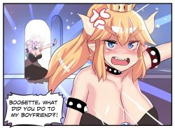 Rule 34 | 1girl, anger vein, armlet, black dress, blue eyes, blush, bowsette, breasts, cleavage, collar, comic, crown, door, dress, earrings, english text, fangs, forked eyebrows, highres, hinghoi, horns, jewelry, large breasts, long hair, luigi&#039;s mansion, mario (series), multiple views, new super mario bros. u deluxe, nintendo, open door, open mouth, pointy ears, sharp teeth, shell, speech bubble, spiked armlet, super crown, teeth, thick eyebrows, thighs, turtle shell