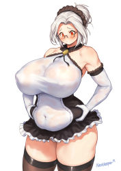 Rule 34 | 1girl, ass, bare shoulders, belly grab, blush, breasts, curvy, glasses, gloves, highres, huge breasts, labiata (last origin), last origin, maid, maid headdress, miniskirt, nestkeeper, plump, red eyes, silver hair, skirt, solo, thick thighs, thighhighs, thighs, wet, wet clothes