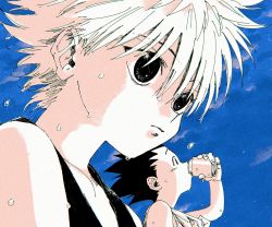 Rule 34 | 2boys, blue sky, can, closed mouth, drinking, gon freecss, greyscale, hair between eyes, highres, holding, holding can, hunter x hunter, killua zoldyck, male focus, monochrome, multiple boys, outdoors, sky, spiked hair, sweat, tank top, toripippi 7, upper body