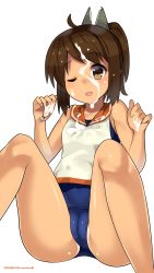 Rule 34 | 10s, 1girl, 2015, ;o, ahoge, brown eyes, brown hair, cameltoe, dated, hair ornament, highres, i-401 (kancolle), image sample, kantai collection, kuro chairo no neko, name tag, one-piece swimsuit, one-piece tan, one eye closed, open mouth, paw print, ponytail, school swimsuit, school uniform, see-through, short hair, simple background, sitting, sleeveless, solo, spread legs, suggestive fluid, swimsuit, swimsuit under clothes, tan, tanline, twitter username, wet, wet clothes, white background