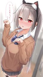 Rule 34 | 1girl, animal ears, black hairband, black thighhighs, blurry, blurry background, blush, bow, bowtie, breasts, cat ears, character request, collared shirt, copyright request, fake animal ears, grey hair, grey skirt, hair between eyes, hairband, hands up, highres, long hair, long sleeves, looking at viewer, medium breasts, miniskirt, orange sweater, parted lips, paw pose, piyomi, purple bow, red eyes, shirt, sidelocks, skirt, solo, speech bubble, standing, sweat, sweater, thighhighs, thighs, translation request, twintails, white shirt