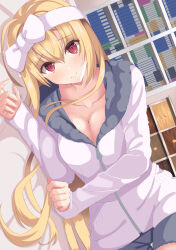 Rule 34 | 1girl, absurdres, ahoge, arihara nanami, blonde hair, blush, bow, breasts, cleavage, clenched hand, closed mouth, collarbone, commentary request, eyelashes, fur-trimmed jacket, fur trim, furrowed brow, hair between eyes, hair bow, hairband, head tilt, highres, indoors, jacket, large breasts, long hair, looking at viewer, lying, niki 7801700, on bed, on side, red eyes, riddle joker, shorts, sidelocks, sleeves past wrists, smile, solo, thigh gap, very long hair, white bow, white hairband, white jacket, yuzu-soft, zipper