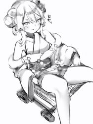 Rule 34 | 1girl, animal ears, bad id, bad pixiv id, bare shoulders, double bun, from above, greyscale, hair bun, highres, hololive, in shopping cart, long sleeves, looking at viewer, monochrome, nanashi (nlo), obi, off shoulder, official alternate costume, sash, shishiro botan, shishiro botan (new year), shopping cart, simple background, smile, smug, solo, virtual youtuber, white background