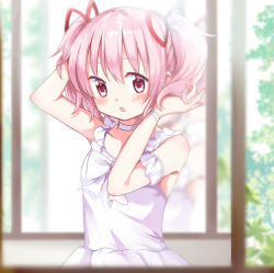 Rule 34 | 1girl, armband, bare arms, bathroom, blurry, blurry background, blush, choker, depth of field, dot nose, dress, expressionless, facing viewer, flat chest, frills, hair between eyes, hair ribbon, hands in hair, hands up, holding, holding own hair, indoors, kaname madoka, looking afar, luminous (madoka magica), mahou shoujo madoka magica, mahou shoujo madoka magica (anime), mahou shoujo madoka magica movie 1 &amp; 2, mirror, parted lips, pink eyes, pink hair, plant, red ribbon, reflection, ribbon, rikopin, sleeveless, sleeveless dress, solo, tareme, tree, twintails, upper body, white choker, white dress, white ribbon