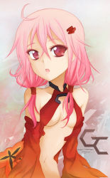 Rule 34 | 10s, 1girl, bad id, bad pixiv id, bare shoulders, breasts, center opening, cleavage, detached sleeves, elbow gloves, gloves, guilty crown, hair ornament, hairclip, highres, long hair, looking at viewer, navel, open mouth, pink hair, red eyes, solo, torakun14, twintails, yuzuriha inori