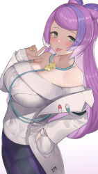 Rule 34 | 1girl, blush, breasts, coat, collarbone, commentary request, creatures (company), earrings, eyelashes, game freak, green eyes, hand in pocket, hand up, highres, jewelry, large breasts, long hair, long sleeves, looking at viewer, miriam (pokemon), nail polish, nintendo, open clothes, open coat, oz ma33, pokemon, pokemon sv, purple hair, simple background, skirt, solo, striped clothes, striped skirt, sweater, tongue, tongue out, white background, yellow nails