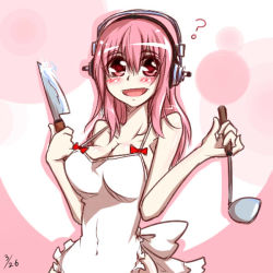 Rule 34 | 1girl, :d, ?, akimiyaz, apron, blush, breasts, cleavage, headphones, homura (silver blaze), knife, large breasts, long hair, looking at viewer, naked apron, nitroplus, open mouth, pink hair, red eyes, smile, solo, super sonico