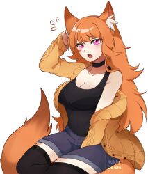 Rule 34 | 1girl, animal ears, artist name, black thighhighs, blue shorts, blush, breasts, brown hair, cleavage, commission, denim, denim shorts, fox ears, fox girl, fox tail, freckles, highres, large breasts, long hair, long sleeves, looking at viewer, open mouth, original, pink eyes, rukiadaichi, shorts, solo, tail, teeth, thighhighs, upper teeth only