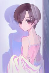 Rule 34 | 1girl, absurdres, androgynous, bare shoulders, breasts, brown eyes, brown hair, camisole, curtains, from behind, fujioka haruhi, hashtag-only commentary, highres, long sleeves, looking at viewer, looking back, off shoulder, open clothes, open shirt, ouran high school host club, parted lips, phaysungyen, red eyes, reflection, shirt, short hair, small breasts, solo, spaghetti strap, surprised, upper body, white shirt