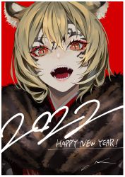 Rule 34 | 1girl, 2022, animal ear fluff, animal ears, blonde hair, chinese zodiac, commentary, english commentary, facepaint, fangs, fur collar, hair between eyes, happy new year, highres, japanese clothes, kimono, lam (ramdayo), new year, open mouth, original, red background, red eyes, red kimono, signature, simple background, slit pupils, solo, tiger ears, upper body, year of the tiger