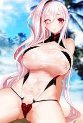 Rule 34 | 1girl, apt, arm support, bare arms, bare shoulders, blurry, blush, breasts, cleavage, cleavage cutout, clothing cutout, coconut tree, commentary request, day, depth of field, covered erect nipples, gluteal fold, hair between eyes, heterochromia, highres, kuroda kanbee (sengoku bushouki muramasa), large breasts, long hair, looking at viewer, one-piece swimsuit, outdoors, palm tree, parted lips, purple eyes, sengoku bushouki muramasa, side ponytail, grey eyes, silver hair, sitting, solo, spread legs, swimsuit, tree, very long hair, wet, wet clothes, wet swimsuit