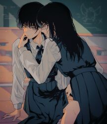 Rule 34 | 2girls, black hair, blush, chainsaw man, classroom, closed mouth, collared shirt, fourth east high school uniform, hand on another&#039;s thigh, highres, indoors, leaning forward, long hair, looking at another, mitaka asa, multiple girls, pleated skirt, ringed eyes, scar, scar on face, school uniform, shirt, sitting, skirt, white shirt, yellow eyes, yoru (chainsaw man), yumu (8181018), yuri